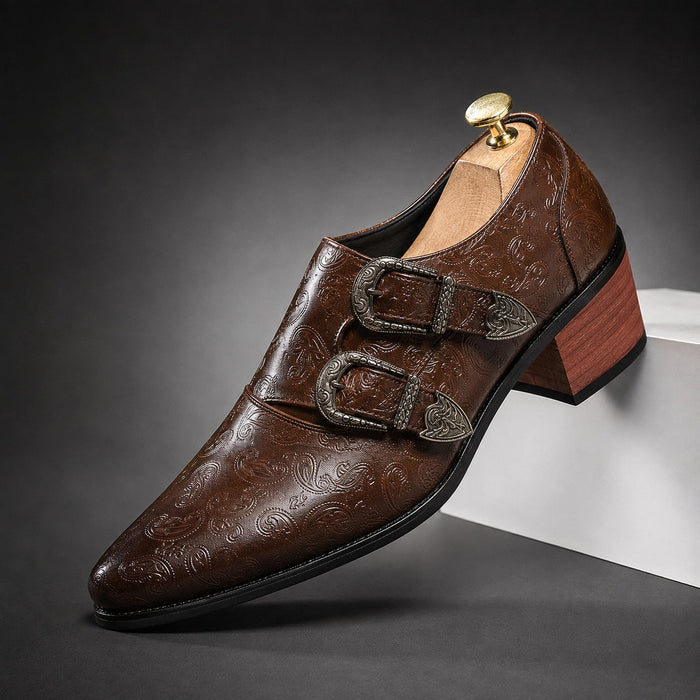 Men's Leather Paisley-Embossed Double Monk Strap Shoes – Oreste